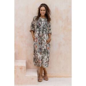 Novica Embroidered 'Antique Rose' Flowing Pure Cotton Midi Shirtdress w/ Pockets